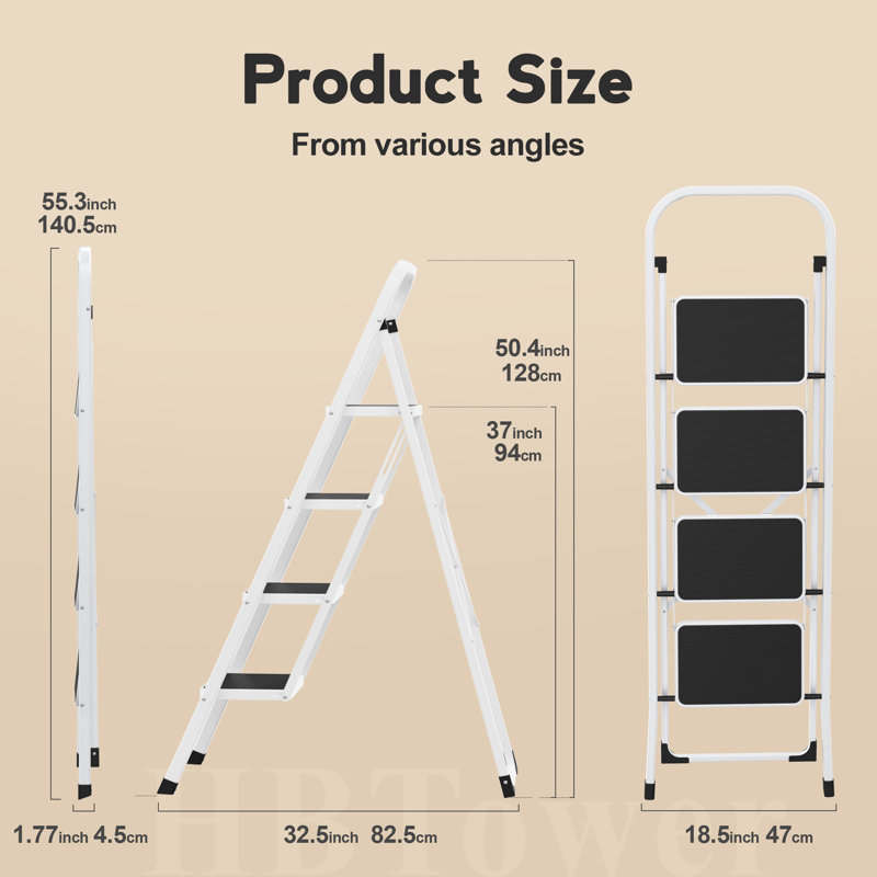4 Step Folding Ladder, Lightweight Portable Stepladder with Anti-Slip Pedal, Ladders with Convenient Handrails,330 lbs Capacity Step Stool for Kitchen, Home, White