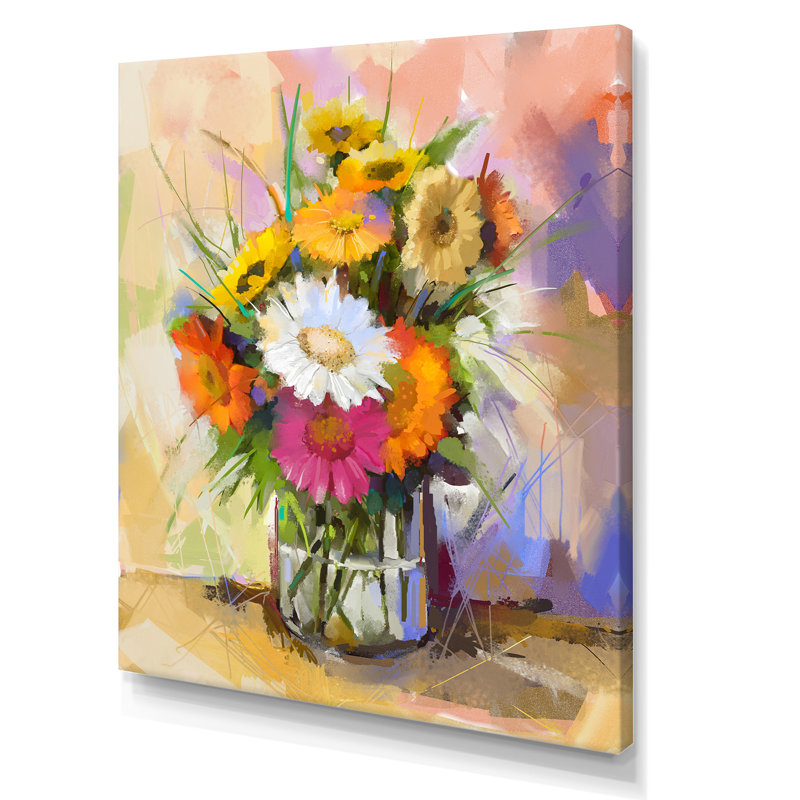 Bouquet de fleurs de gerbera - Peinture, H 20 po x l 12 po x P 1 po, Toile tendue