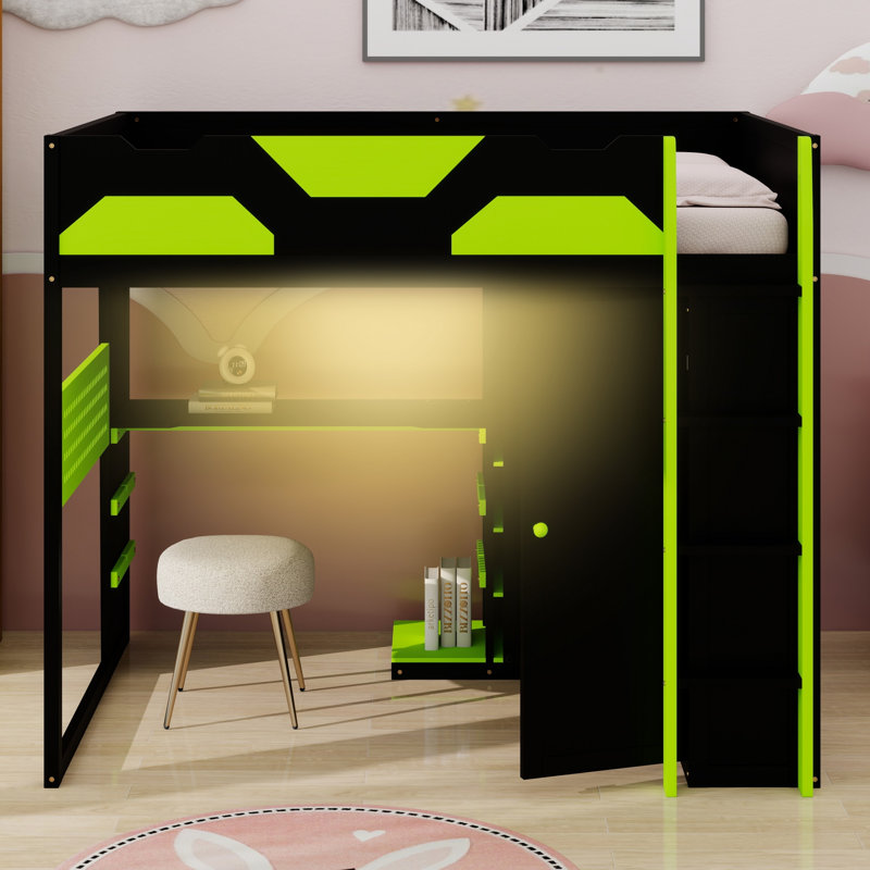 Wood Loft Bed With Desk, Multi Storage Shelves And USB, Green