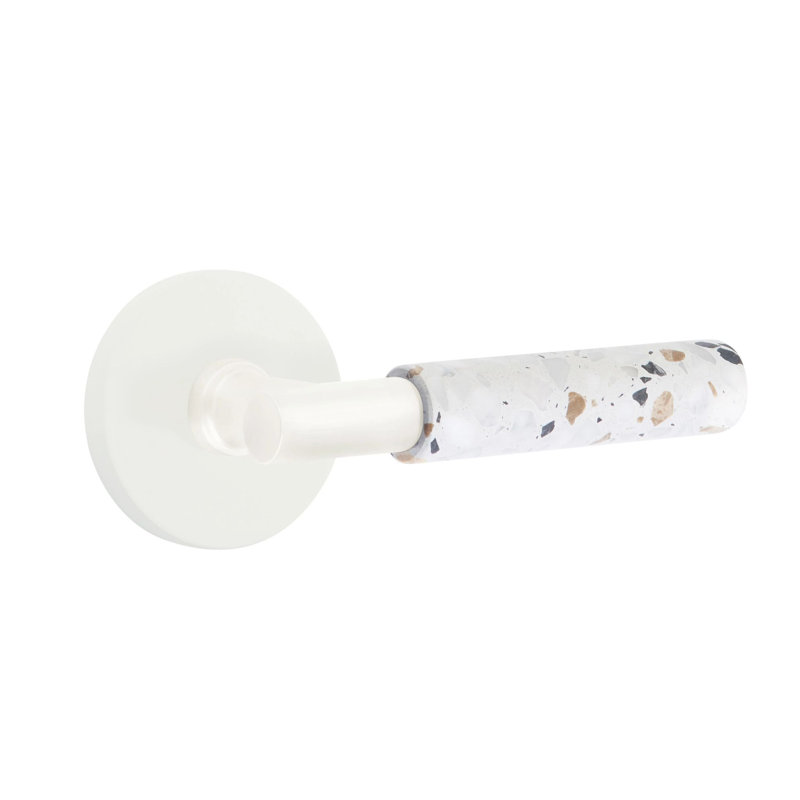 Mortaise intérieure Emtek Select avec rosette à disque et tige en T, levier Terrazzo clair, Gauche, Blanc mat