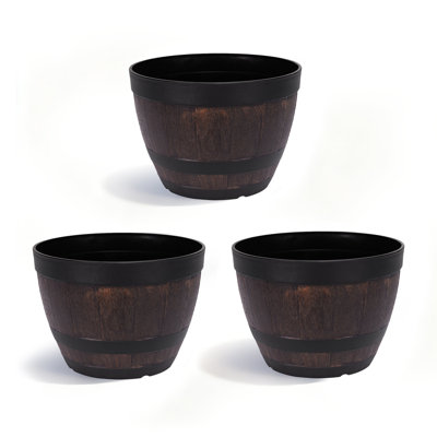 Genard 3 Pack 9 Inch Plant Pots with Drainage Holes & Saucer, Flower Pots with Tray, Set Of 3 Plastic Whiskey Barrel Planters for Indoor & Outdoor Garden Home
