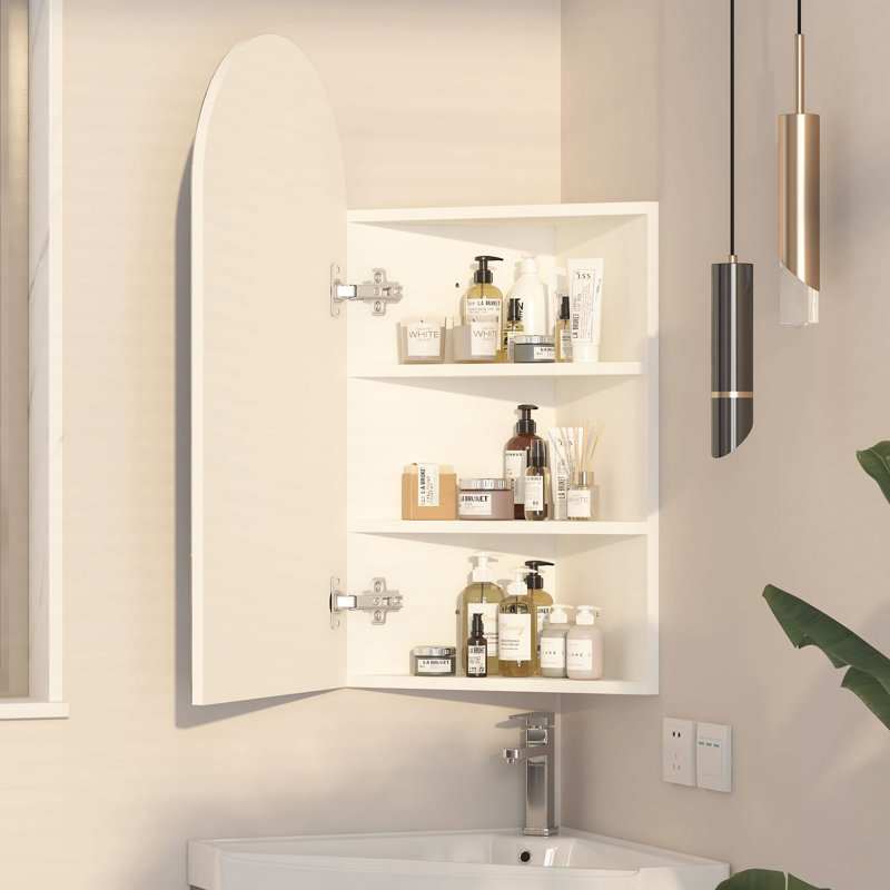 Aishwarya 42x80cm Corner Arched Bathroom Mirror Cabinet with 3-Tier Shelves, White, Without LED Light