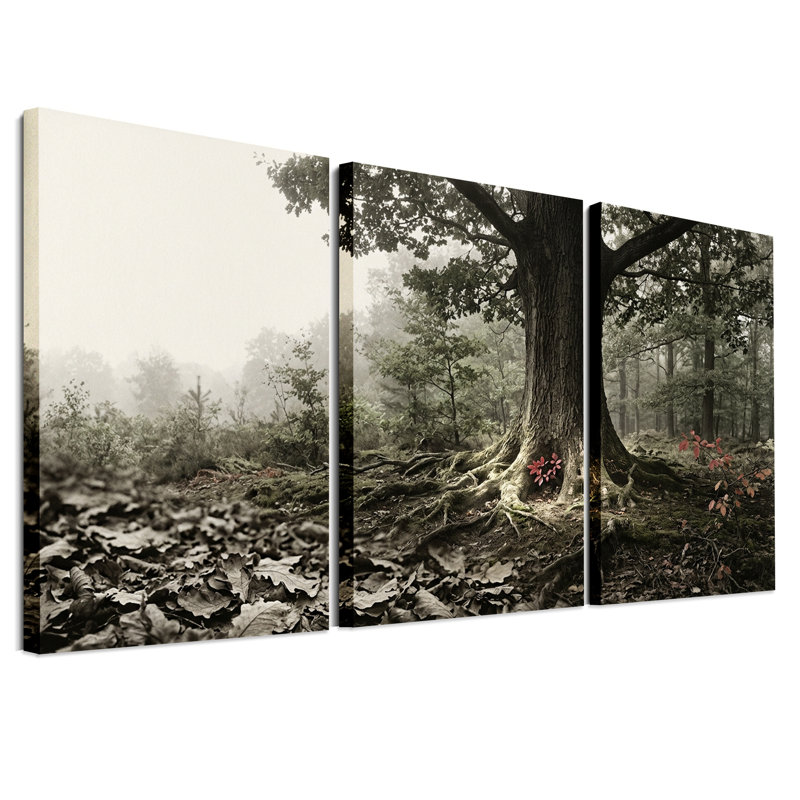 Grand arbre aux racines apparentes et aux feuilles rouges, ensemble de 3 toiles murales, 36"H x 24"W x 3pcs