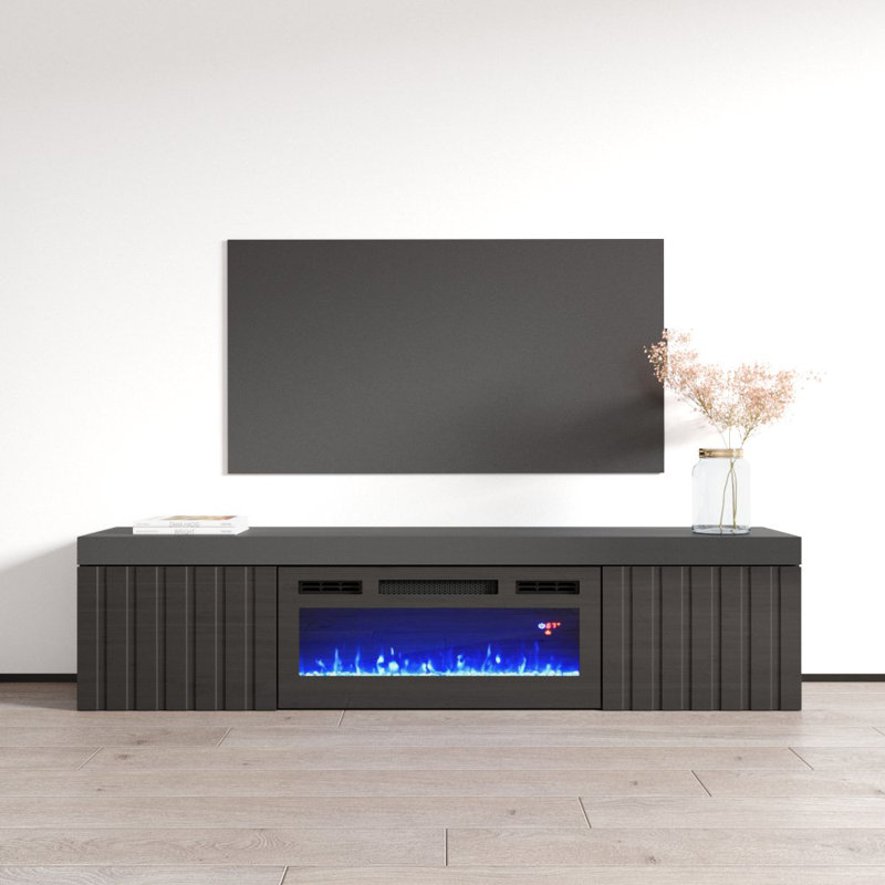 Floating 70.9" Modern TV Stand with Electric Fireplace, High Gloss Finish, Wall-Mounted, Black