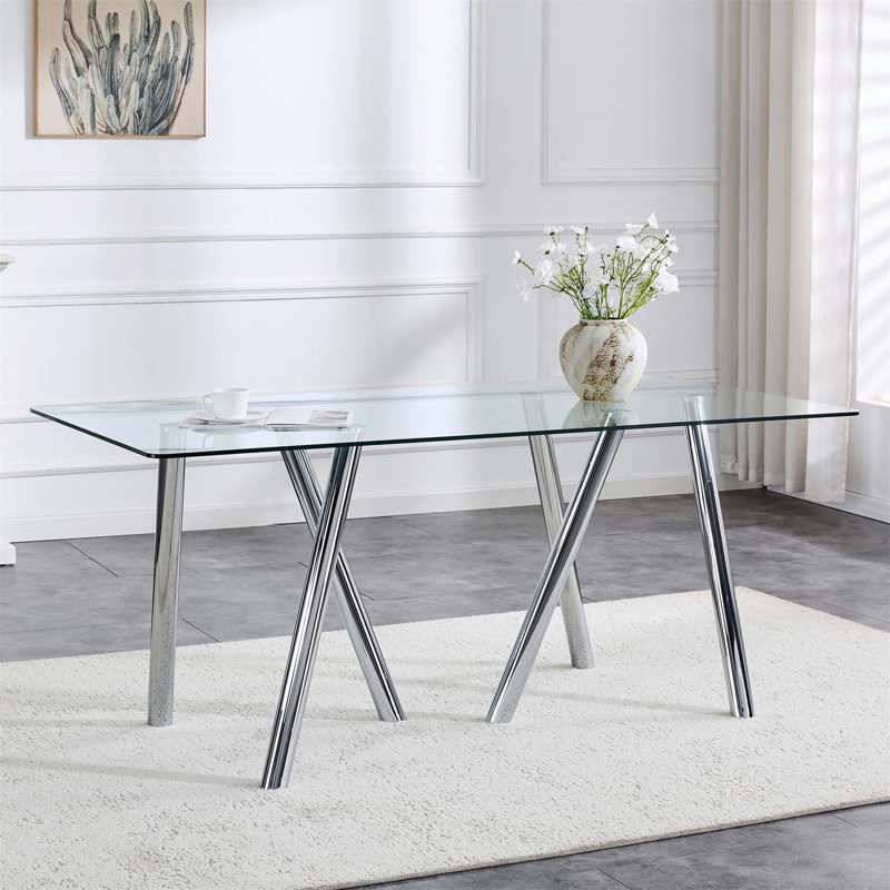 71-Inch Tempered Glass Dining Table With Sturdy Metal Legs, Safe And Durable, For Modern And Elegant Home Decor, Silver