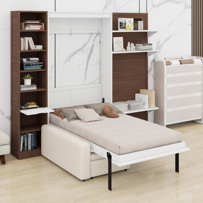 Murphy bed with storage cabinet, sofa front and mountain landscape panel complements nature-inspired interiors