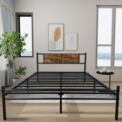 Full Size Metal Bedframe With Wood Panel Headboard - Black+Brown