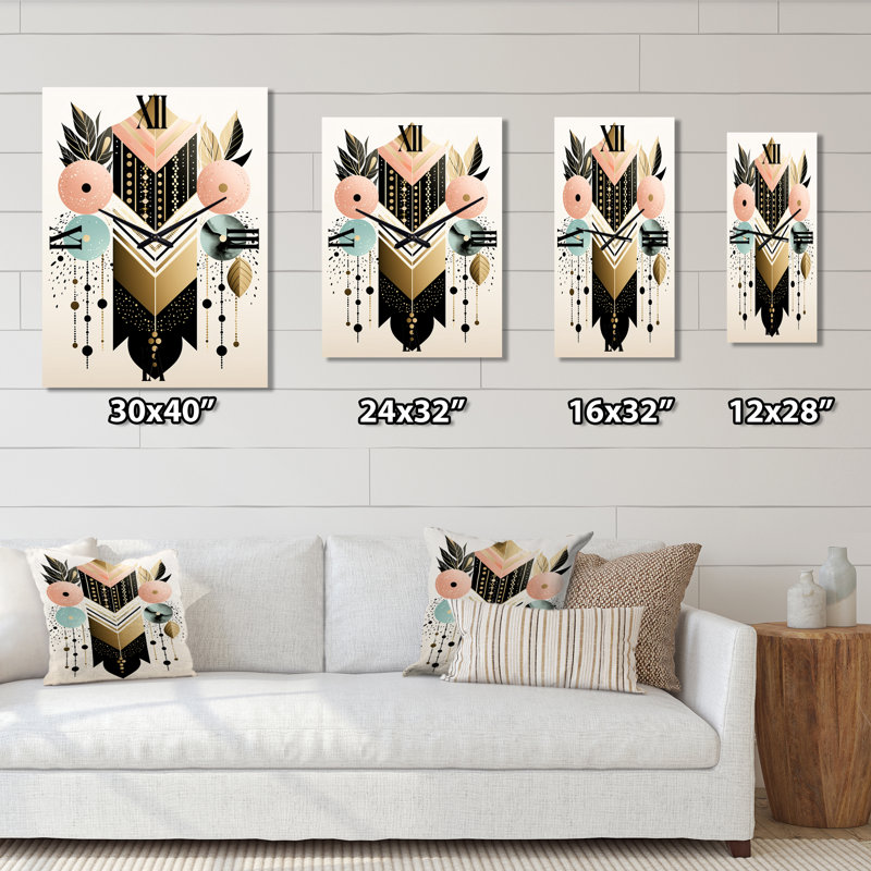 Boho Chic Floral géométrique Illustration rétro I - Horloge murale moderne géométrique, H 32 po x l 24 po x P 1 po