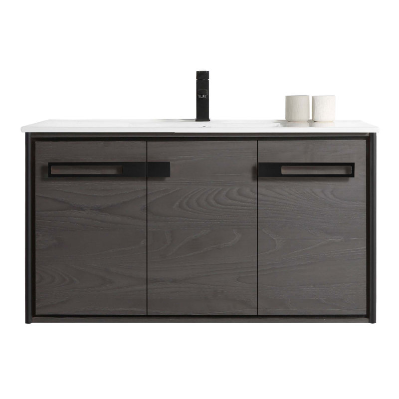 42'' Single Bathroom Vanity with Vitreous China Top, Black Coal Oak, Matte Black