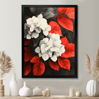 Hortensias monochromes avec feuilles rouges III - impressions sur toile florales