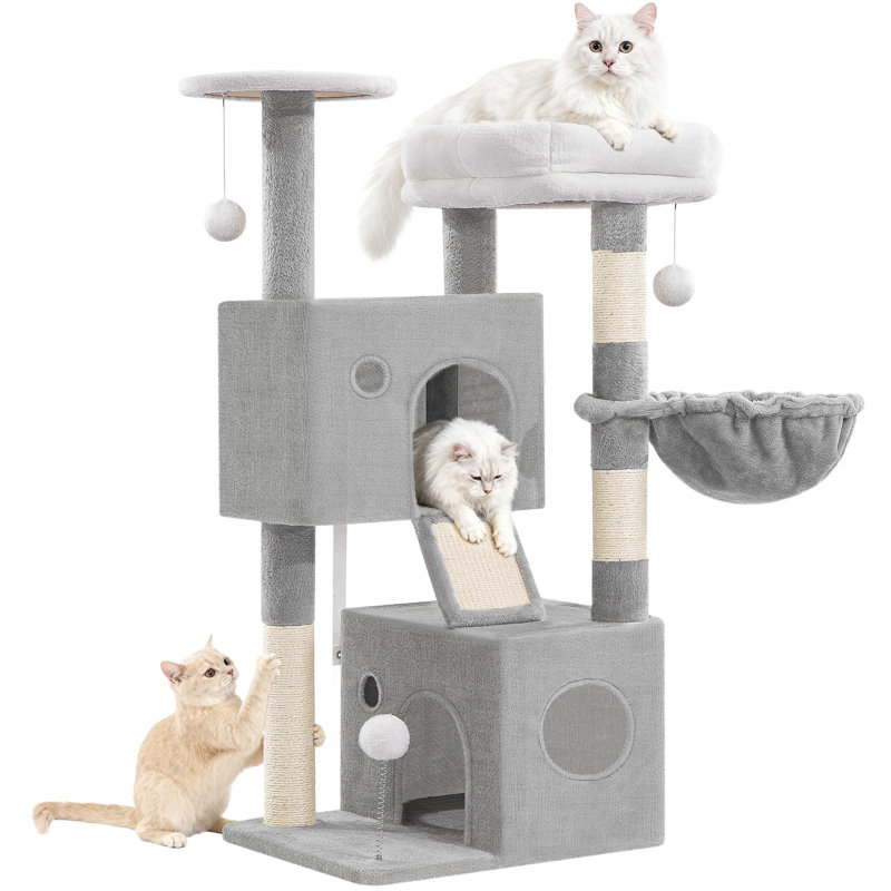 Cat Tree for Indoor Cats, 108 cm Multi-level Cats Tower with Cat Scratching Posts, 2 Cozy Condos, Top Resting Platform, Pompoms, Basket, Scratching Board 