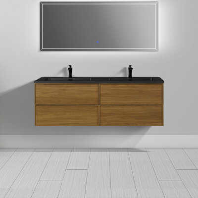 Lucille 60" W X 21" D 4 Drawer Floating Bathroom Vanity In Honey Gold Walnut With Double Sink & Black Engineered Quartz Countertop
