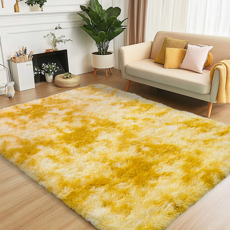 Shag Rug Soft Fluffy -Indoor Area Rug for Living Room Bedroom Nursery Kids Room, Teinture par nœuds jaune