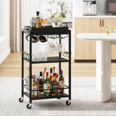 Black Bar Cart With Removable Tray, Home Serving Cart With Wine Rack & Glass Holder, Rolling Beverage Cart For Living Room Kitchen by 17 Stories