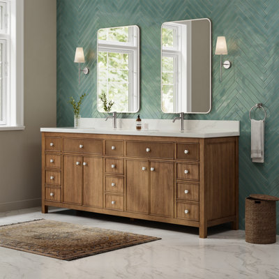 Meuble-lavabo double Rian de 213 cm (84 po) en noyer grillé, comptoir en quartz Giotto, lavabos carrés encastrés (1 trou), garniture en nickel brossé