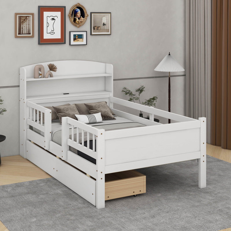 Lit simple avec lumière DEL, tête de lit multifonctionnelle et tiroirs, Blanc
