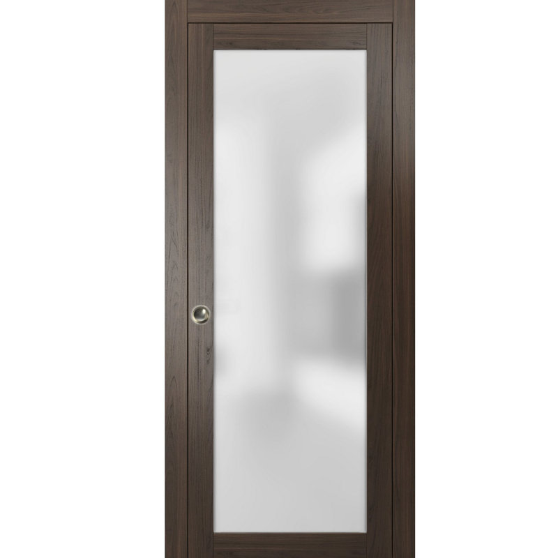 Porte coulissante avec verre trempé dépoli Planum 2102, finition frêne chocolat, quincaillerie, bois massif, intérieur chambre, salle de bain, placard, portes robustes - 81 cm x 203 cm