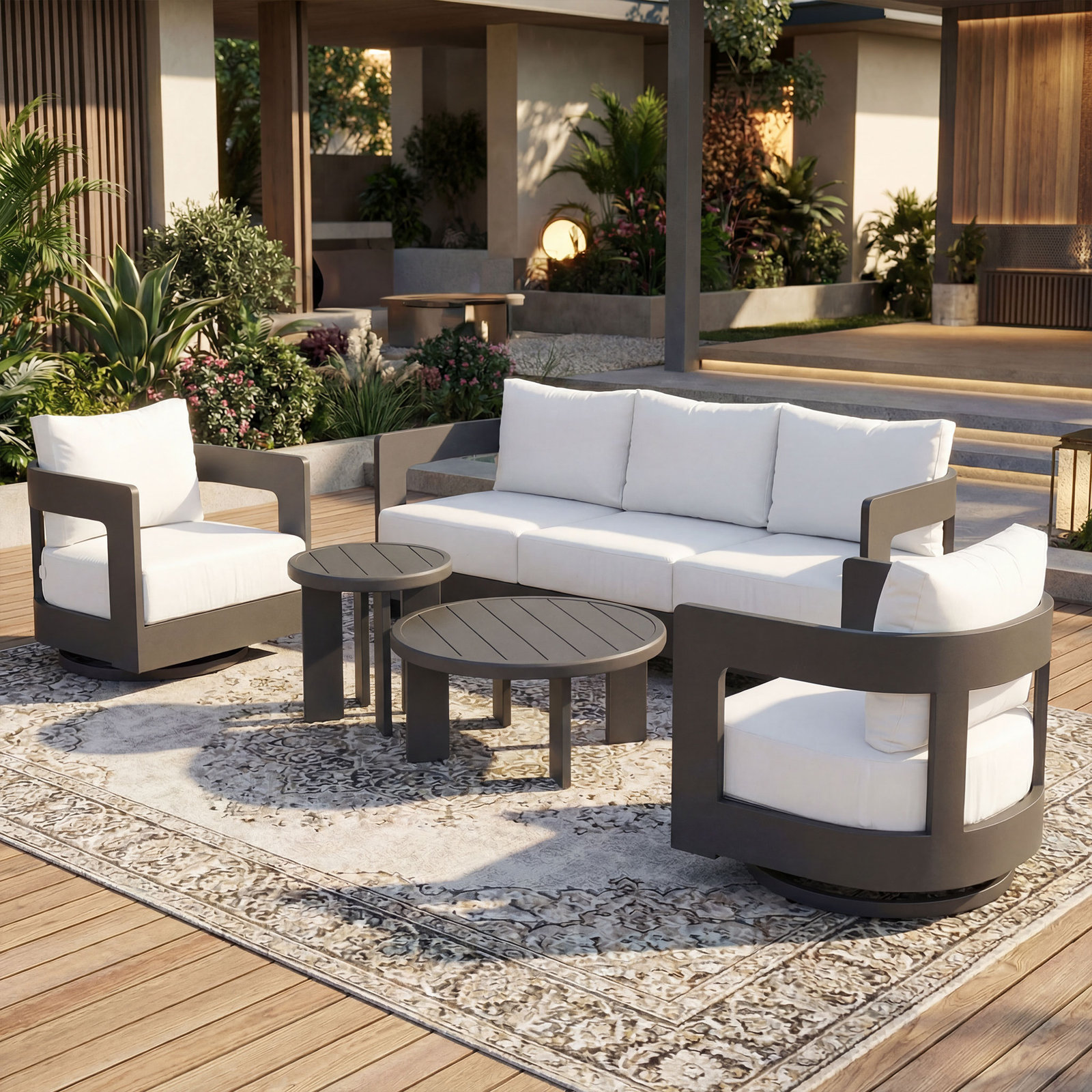 Frances Aluminum 5 Piece Outdoor Seating Group with Sunbrella Cushions, White Cushion/Gray Frame