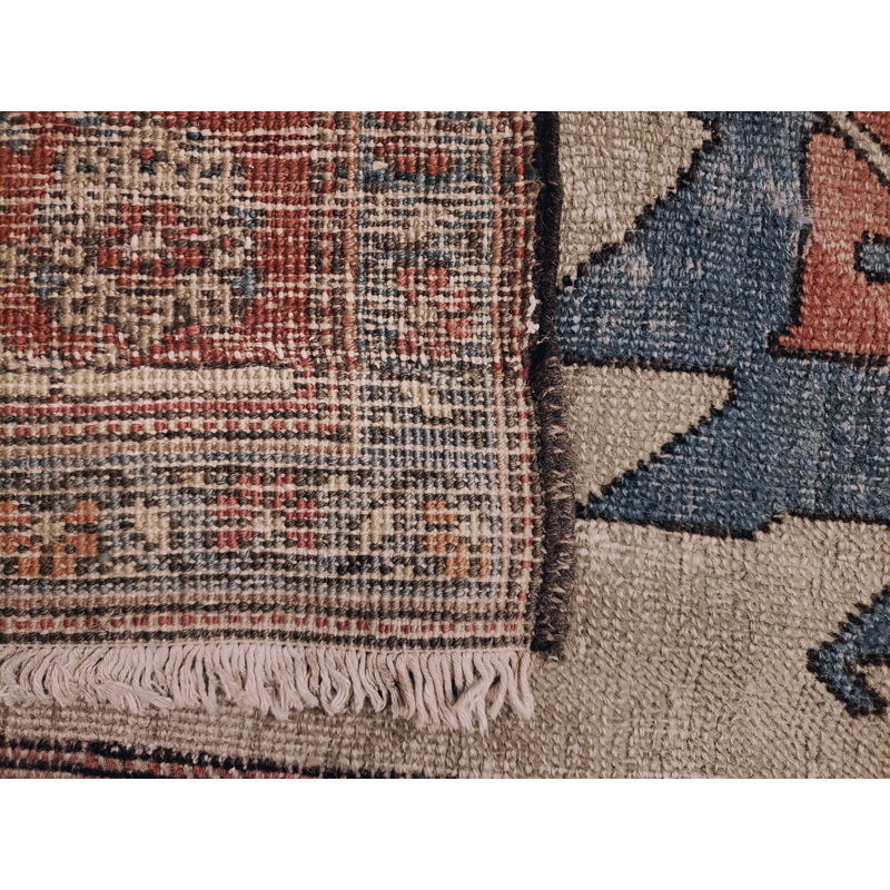 Tapis unique en laine noué à la main avant 1900 rouge / beige / bleu marine de 9 pi 10 po x 12 pi 5 po