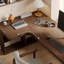 Bureau d'angle et bibliothèque en bois massif en forme de L de couleur noyer intégré à la bibliothèque-435661276-435661278
