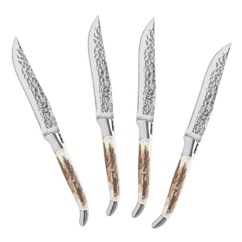 French Home Laguiole 4-Piece Connoisseur BBQ Steak Knife Set with Deer Horn Handles