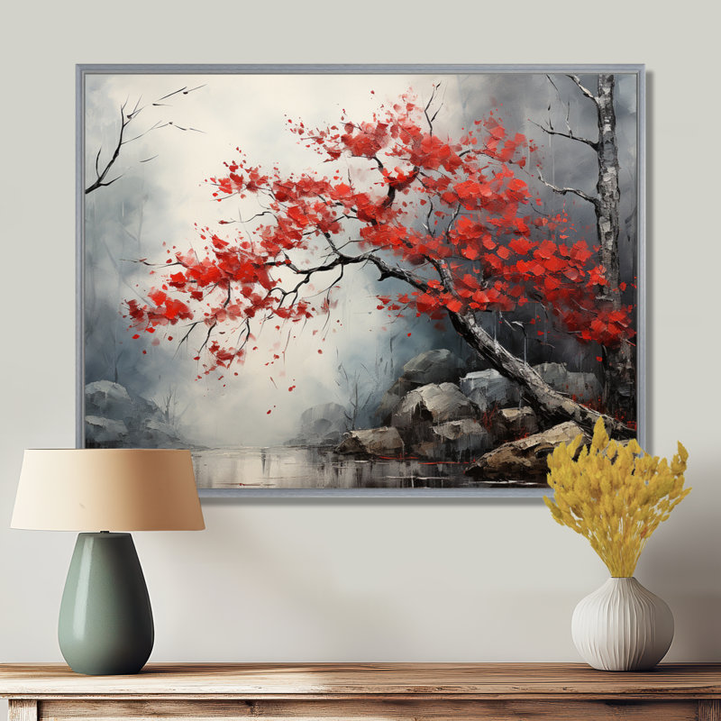 Fiery Red Maple Tree II - Art mural érable, H 12 po x l 20 po x P 1 po, Encadrement argenté