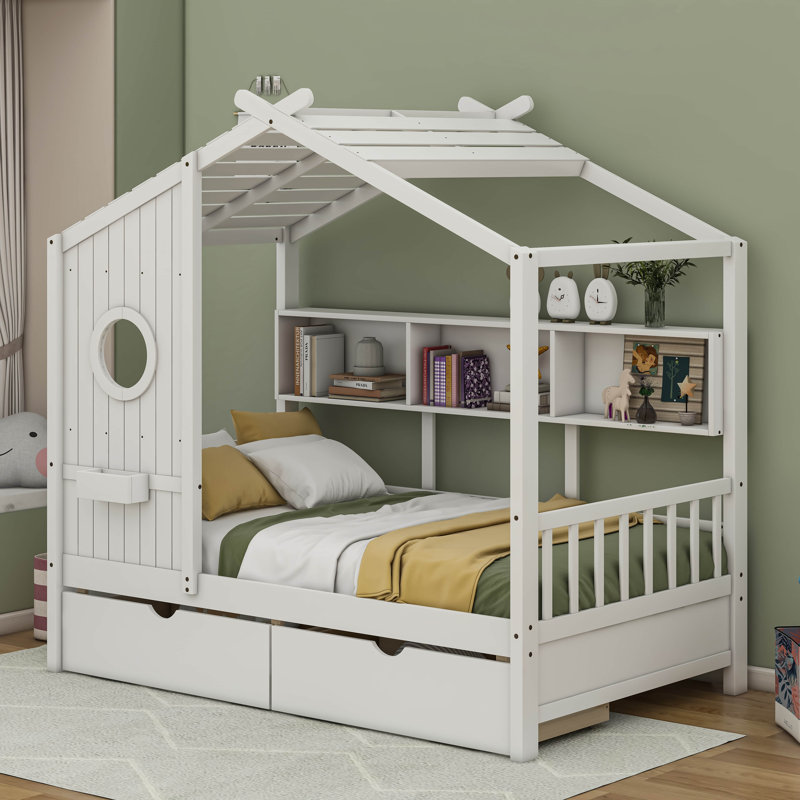 Lit maison en bois Lompico, Blanc, Simple