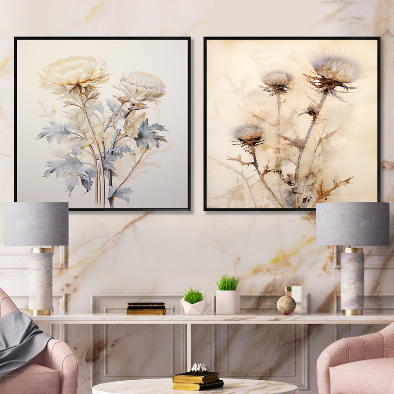 «Beige chardon», ensemble de 2 collages carrés de chardon, Cadre flottant noir, H 36 po x l 73 po