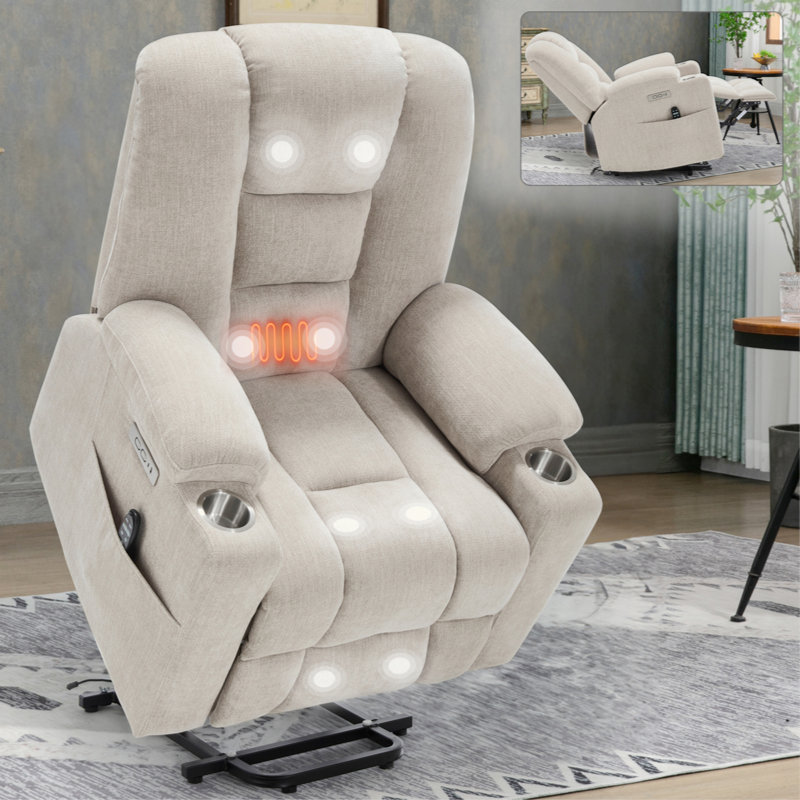 Power Lift Recliner Chair with Massage & Heat for Elderly, Wide Overstuffed Heavy Duty Recliner with USB, Type C Ports & Dual Steel Cup Holders
