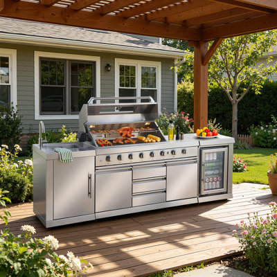 Station de barbecue pour l'extérieur avec évier, îlot de barbecue modulaire, brûleurs robustes, zones de chaleur indépendantes, couvercle imperméable, station de cuisson extérieure en acier inoxydable