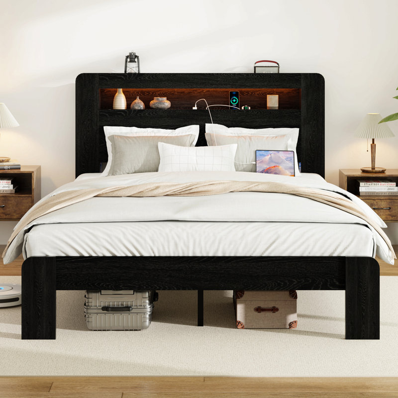 Cadre de lit, cadre de lit plateforme en bois avec tête de lit à DEL avec rangement et 2 ports USB, Lit double, Noir