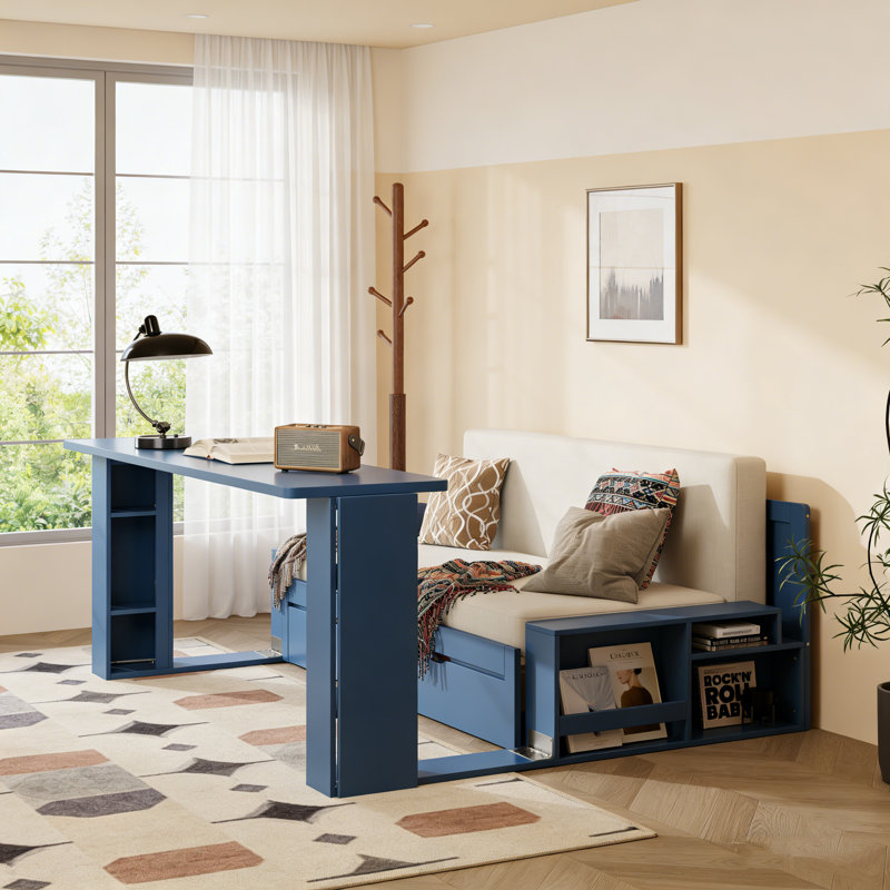 Grand lit de jour avec bureau amovible, Bleu, Grand lit