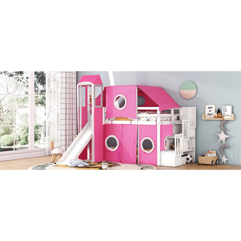 Lit mezzanine simple avec tente et tour rose