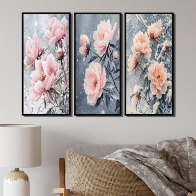 Pivoines au vent d'hiver I - Collection d'art mural traditionnel 3 pièces