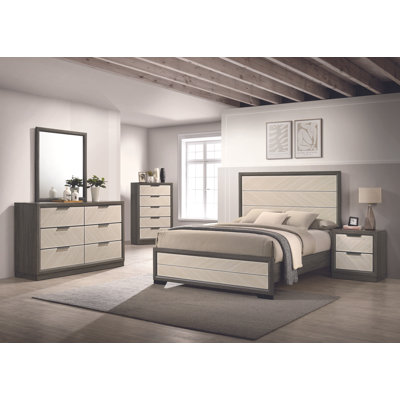 Ensemble de chambre à coucher 6 pièces Visalia - Grand lit avec commode, miroir, commode et 2 tables de chevet