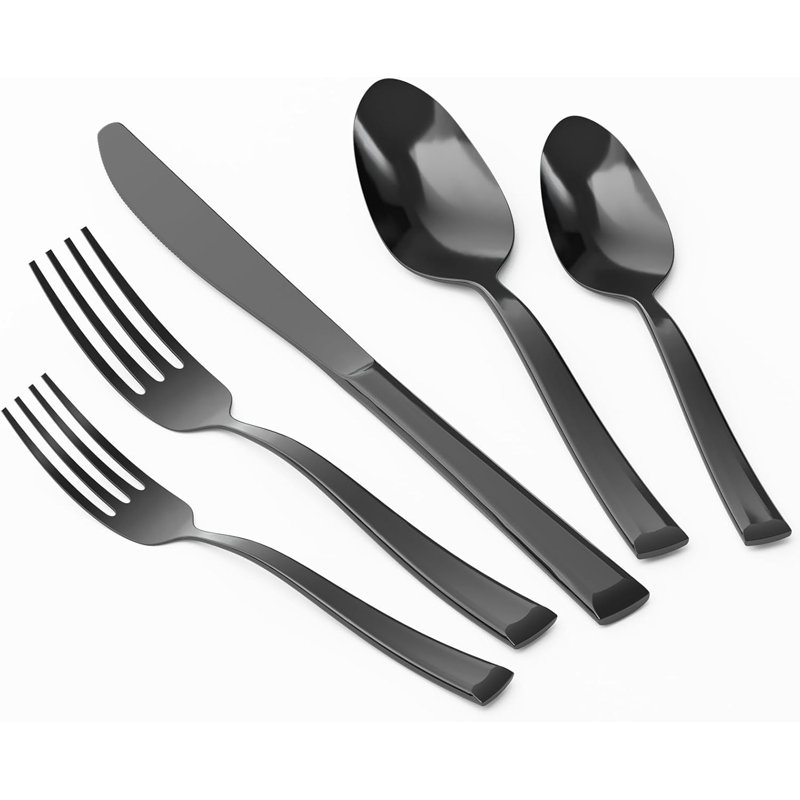 Ensemble de couverts 20 pièces en acier inoxydable, finition noire miroir, forgé, résistant à la rouille, facile à tenir, poignée biseautée moderne pour un usage quotidien, les fêtes, les mariages et les cadeaux