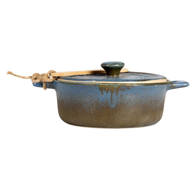9 Inches Stoneware Brie Baker with Bamboo Canapé Spreader Knife and Reactive Glaze Design, Green/Blue