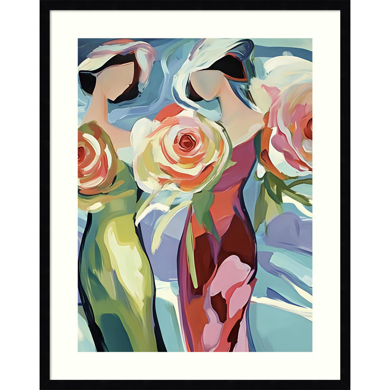 "Deux femmes avec des roses" par Elena Avanesova, reproduction d'art encadrée en bois, 32 x 25, Noir Svelte