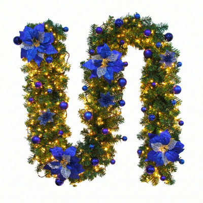 Pre-Lit Christmas Garland with Silver Poinsettia and Ornaments, 9FT / 270cm