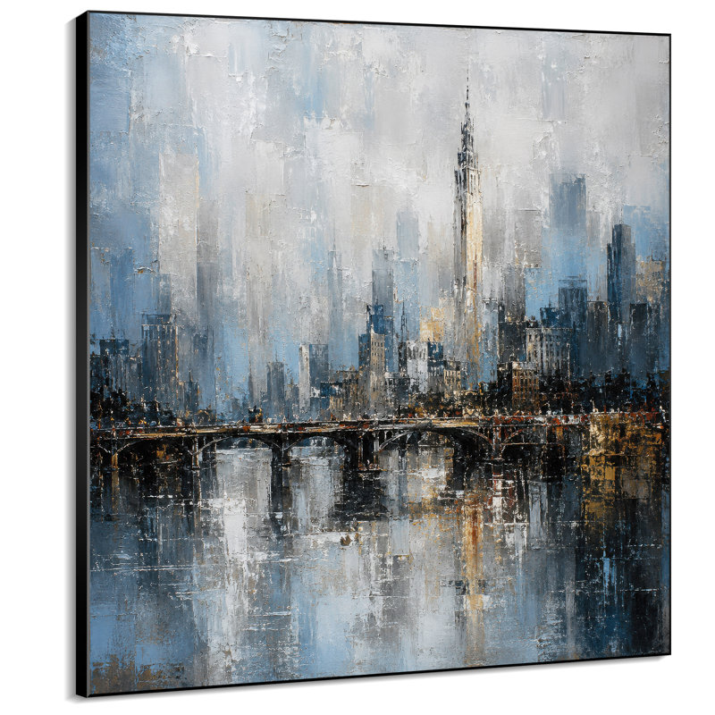Impression sur tissu grand format - Motif bleu-gris représentant la silhouette d'une ville et un pont, idéal pour le salon ou la chambre - « Assemblage du cadre requis (cadre non fini) »
