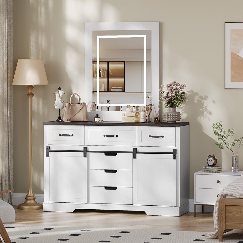 GarveeHome Farmhouse Dresser Chest, 52" Wide Rustic Dresser Organizer with 6 Drawers, 2 Sliding Barn Doors and Lighted Mirror for Bedroom Living Room Dining Room, Dark Brown + Antique White