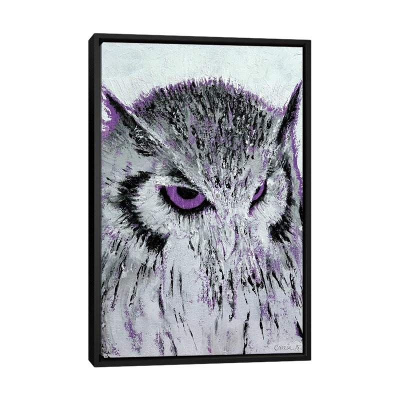 « mauve hibou », reproduction d’art sur toile, H 26 po x l 18 po x P 1,5 po, Toile avec cadre noir, Pas de tapis
