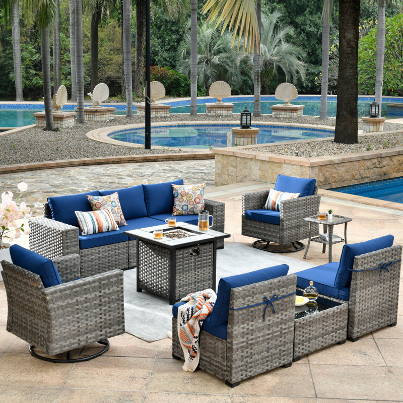 7 - Person Patio Conversation Set with Cushions, Dark Blue