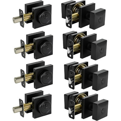 Square Black Door Knob and Deadbolt Lock,Keyed Alike Door Locks for Front Door.(Matte Black,4pack-Set)