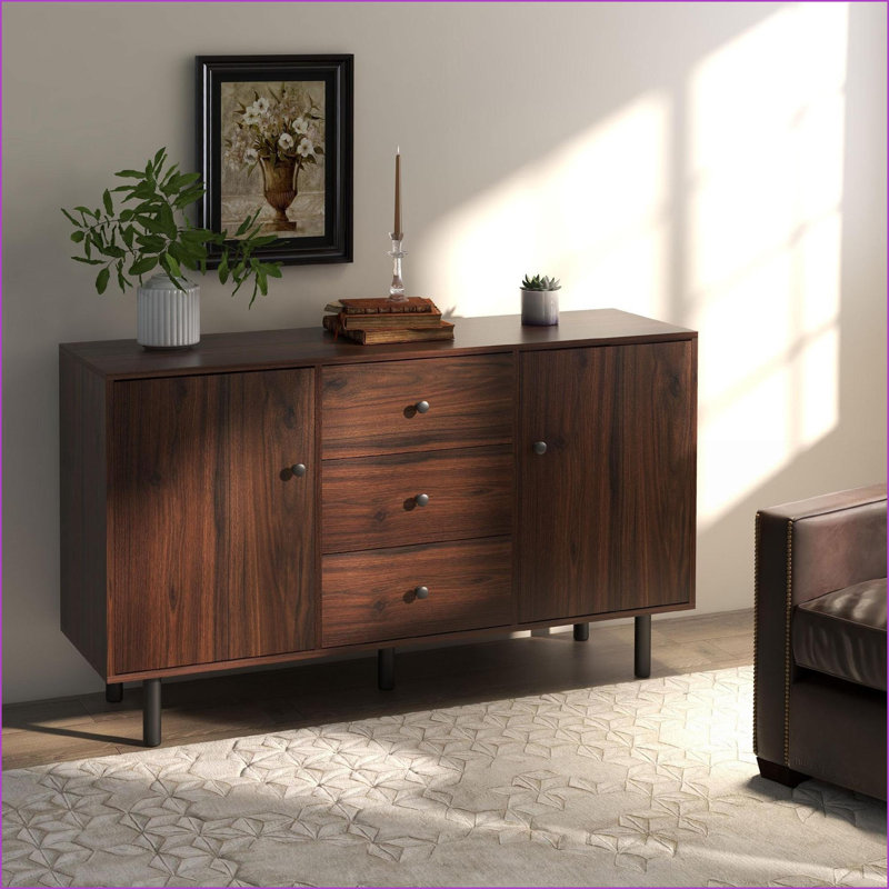 Armoires avec 2 placards, 3 tiroirs, tablettes réglables - l 50 po brun noyer rustique | Rustique / pavillon | salon