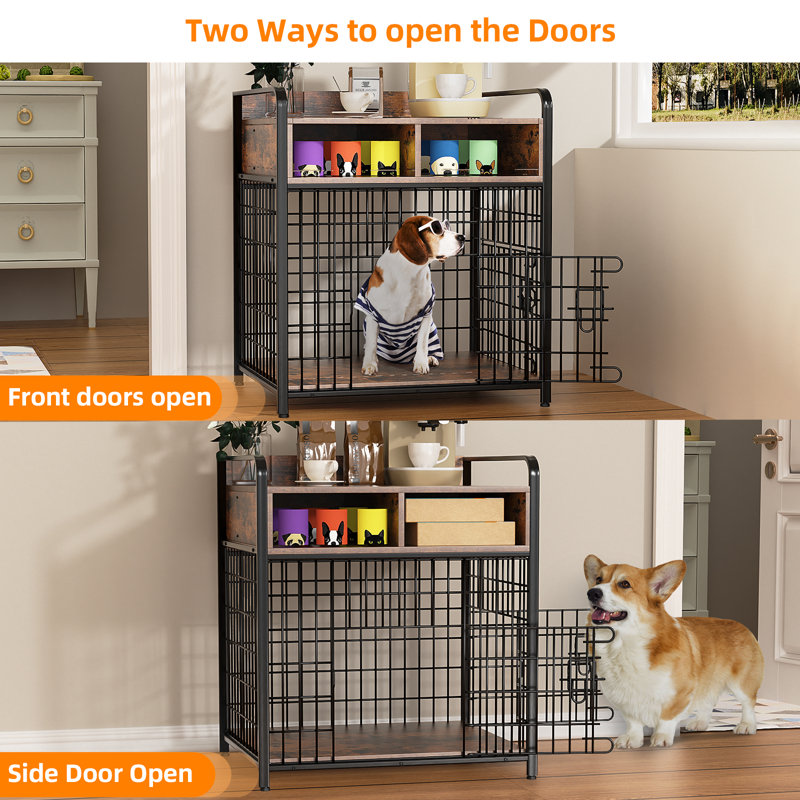 Small Dog Crate Furniture With Drawers Storage, Puppy Dog Kennel Indoor With Double Doors, Heavy Duty Wooden Dog Cage Table, Sturdy Metal