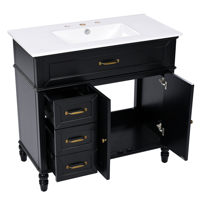 Meuble-lavabo de 36 po avec lavabo, armoire de salle de bain avec tiroirs, cadre solide et panneau de fibres à densité moyenne, un paquet, noir