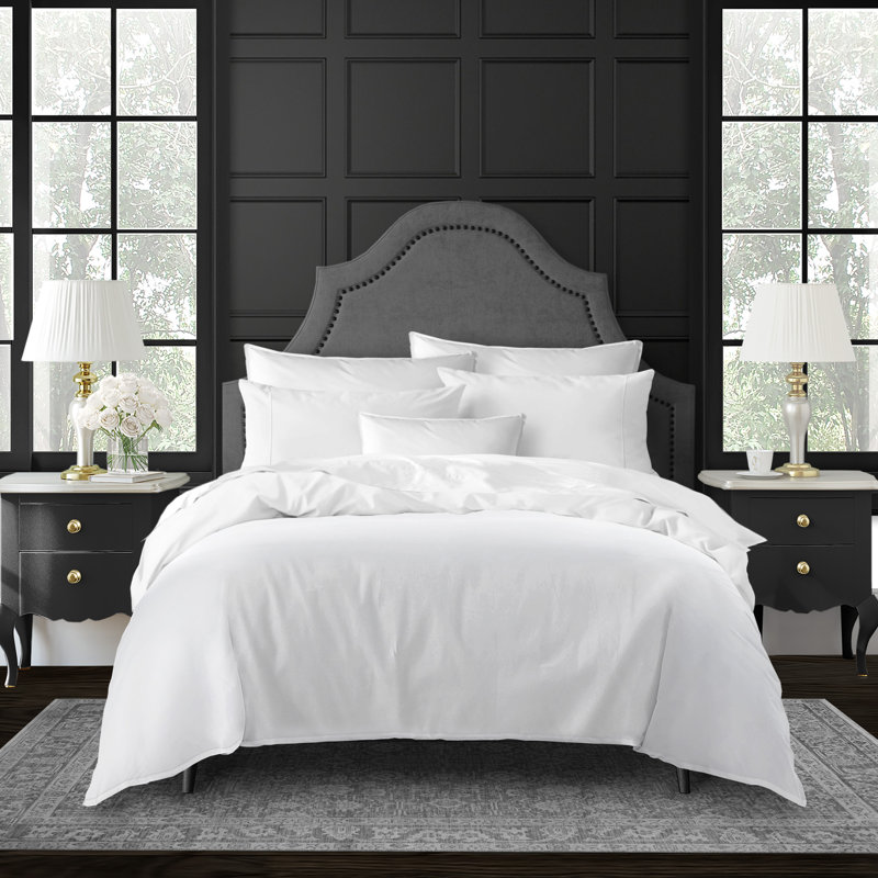 Ensemble de housse de couette 100% satin de coton Everleigh, Blanc, Housse de couette pour grand lit et 5 pièces supp