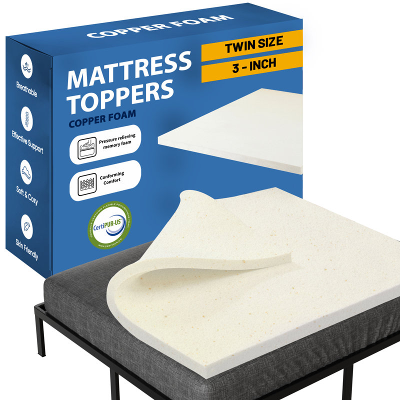 Copper-Infused Memory Foam Mattress Toppers, Twin, 3"