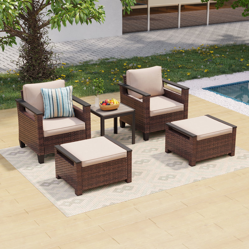 5 Piece PE Rattan Furniture Set with Side Table, Patio Chair, Sand